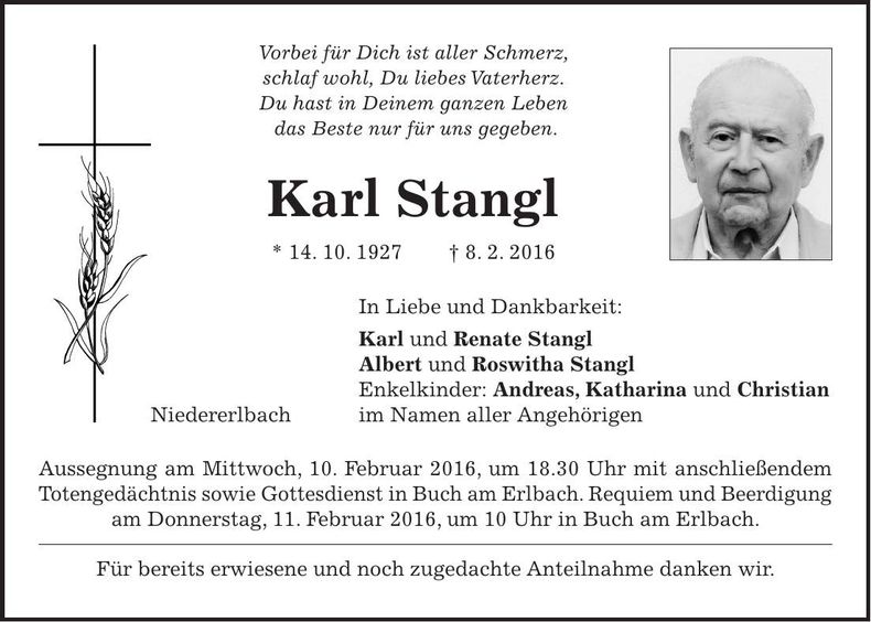Traueranzeige Karl Stangl