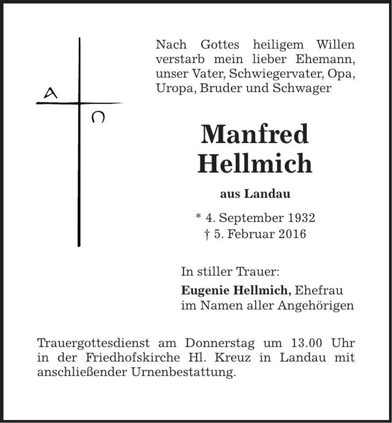 Traueranzeige Manfred Hellmich
