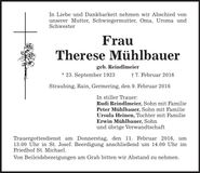 Traueranzeige Therese Mühlbauer