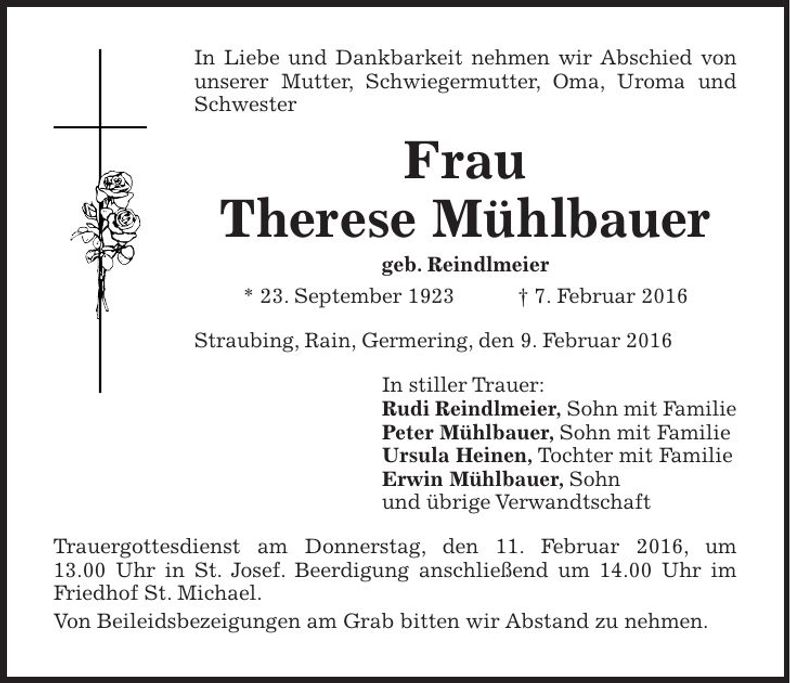 Traueranzeige Therese Mühlbauer