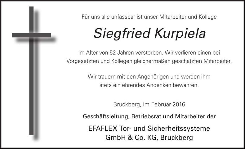 Traueranzeige Siegfried Kurpiela
