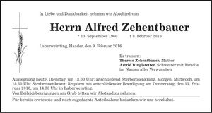 Traueranzeige Alfred Zehentbauer