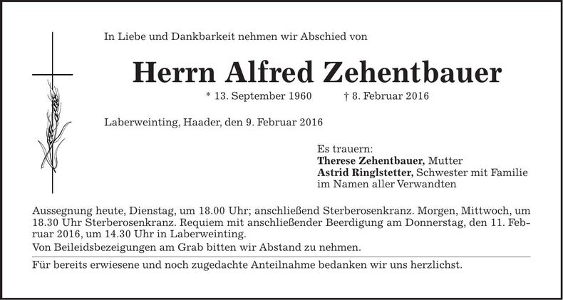 Traueranzeige Alfred Zehentbauer