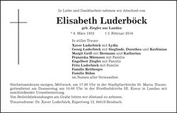 Traueranzeige Elisabeth Luderböck