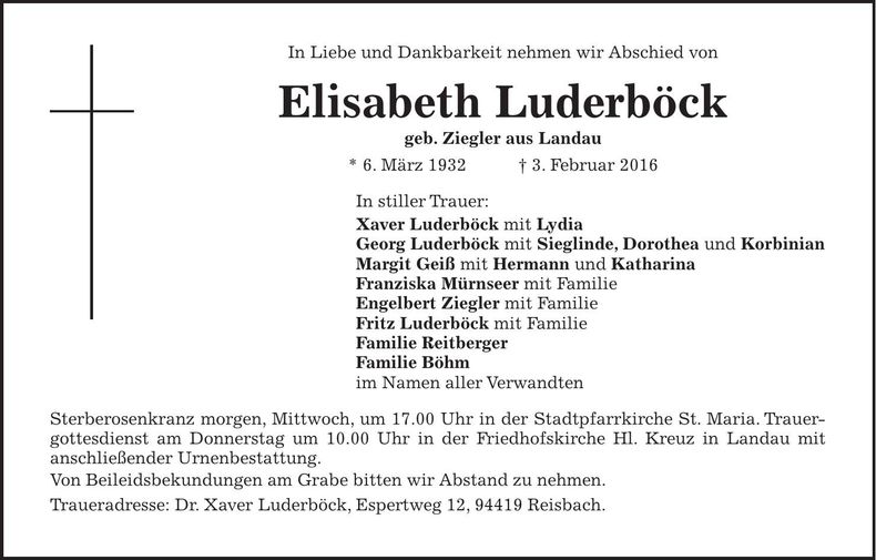 Traueranzeige Elisabeth Luderböck
