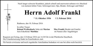 Traueranzeige Adolf Frankl