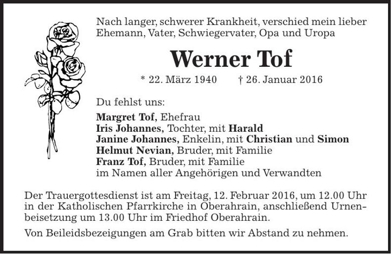 Traueranzeige Werner Tof
