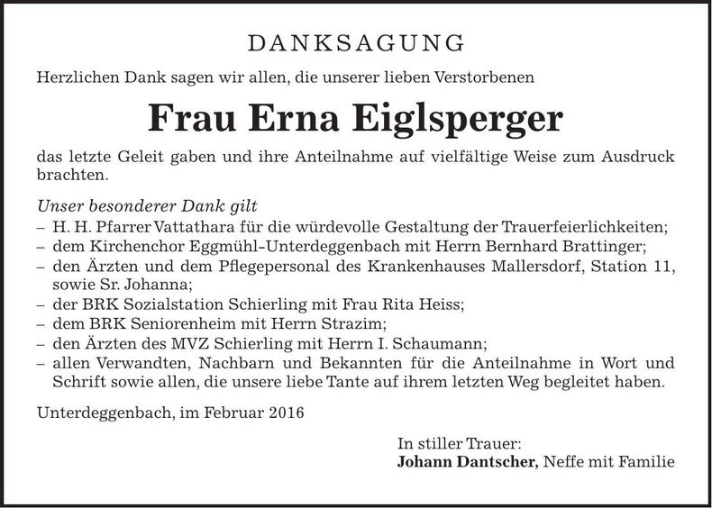 Traueranzeige Erna Eiglsperger