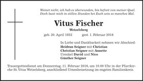 Traueranzeige Vitus Fischer