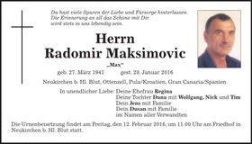 Traueranzeige Radomir Maksimovic