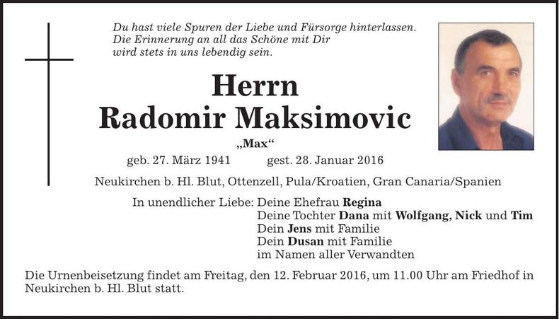 Traueranzeige Radomir Maksimovic