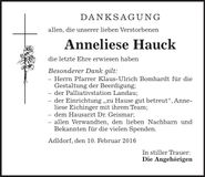 Traueranzeige Anneliese Hauck
