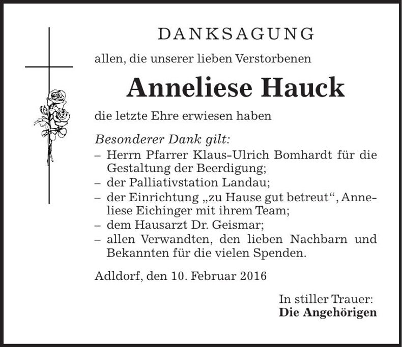 Traueranzeige Anneliese Hauck