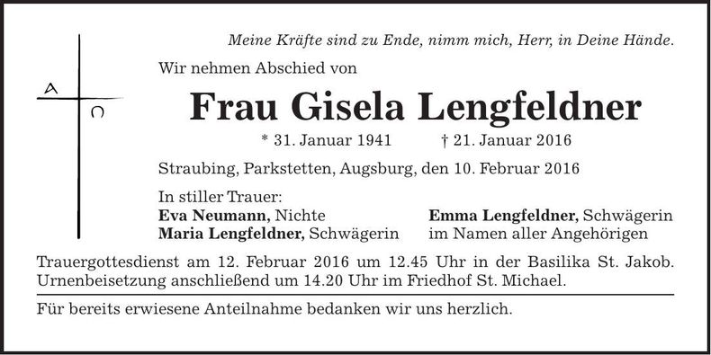 Traueranzeige Gisela Lengfeldner