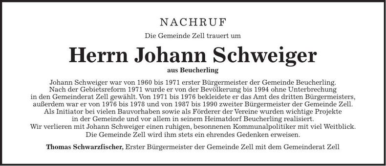 Traueranzeige Johann Schweiger