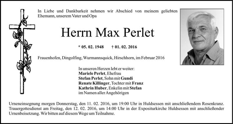 Traueranzeige Max Perlet