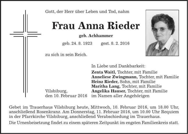 Traueranzeige Anna Rieder