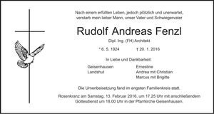 Traueranzeige Rudolf Andreas Fenzl