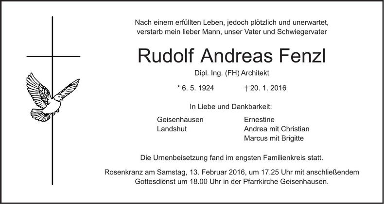 Traueranzeige Rudolf Andreas Fenzl