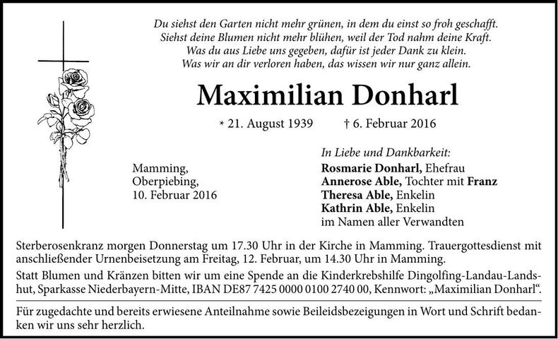 Traueranzeige Maximilian Donharl