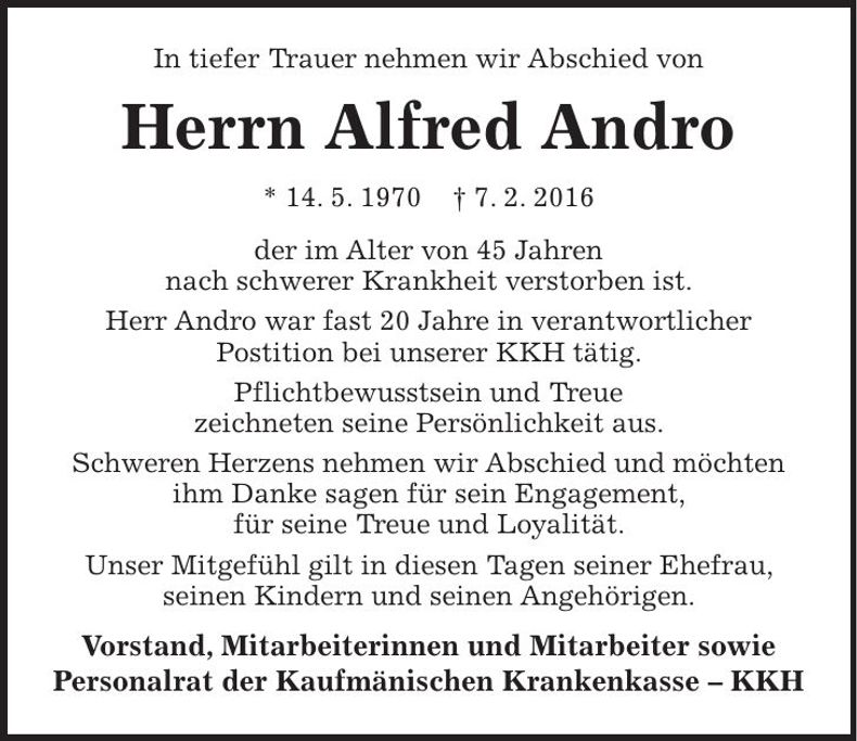 Traueranzeige Alfred Andro