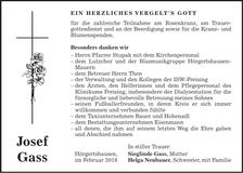 Traueranzeige Josef Gass