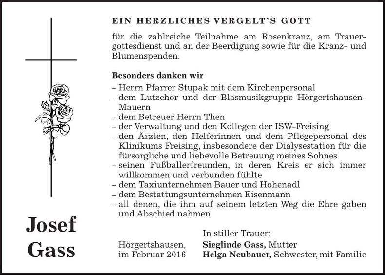 Traueranzeige Josef Gass