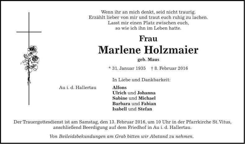Traueranzeige Marlene Holzmaier