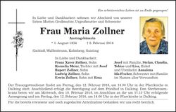 Traueranzeige Maria Zollner