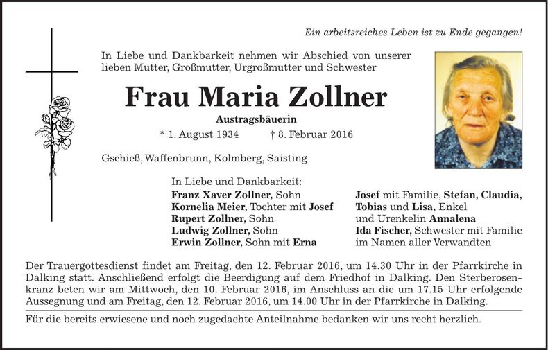 Traueranzeige Maria Zollner