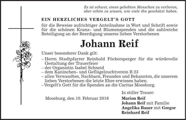 Traueranzeige Johann Reif
