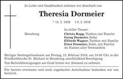 Traueranzeige Theresia Dormeier