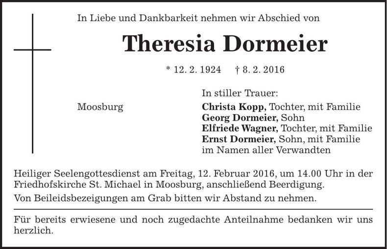 Traueranzeige Theresia Dormeier