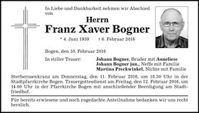 Traueranzeige Franz Xaver Bogner