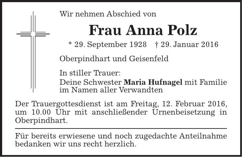 Traueranzeige Anna Polz