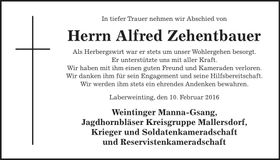 Traueranzeige Alfred Zehentbauer