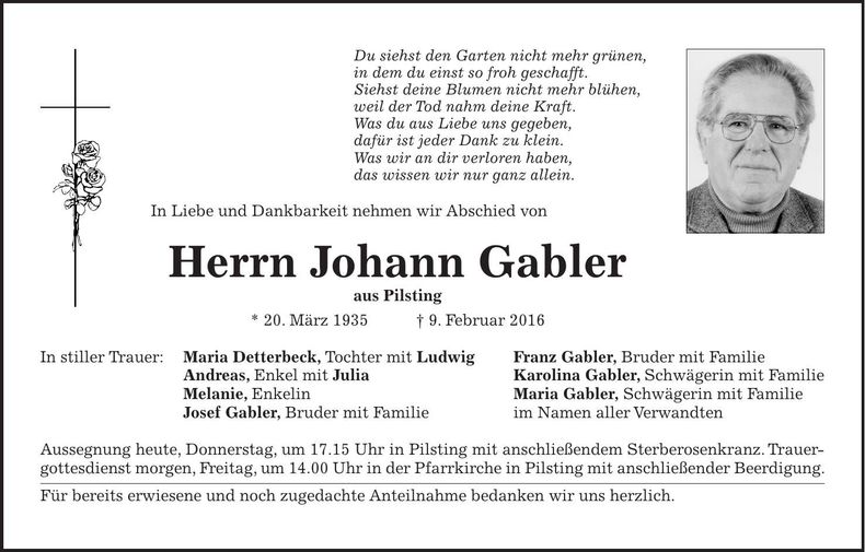 Traueranzeige Johann Gabler
