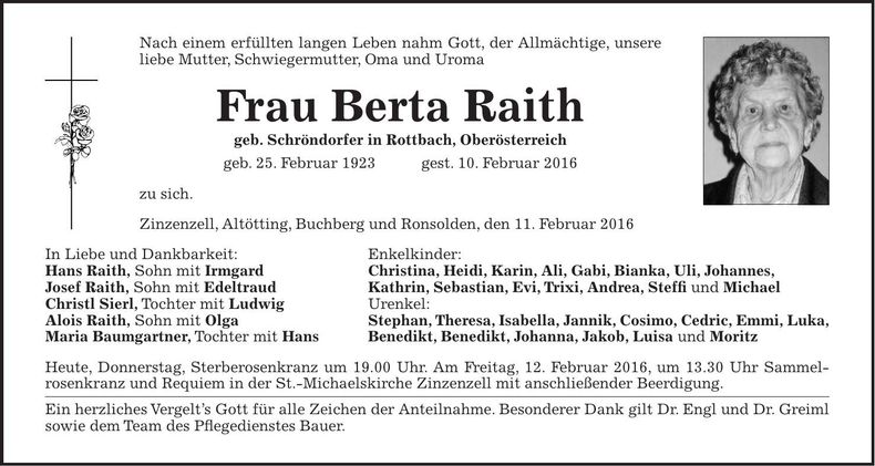 Traueranzeige Berta Raith