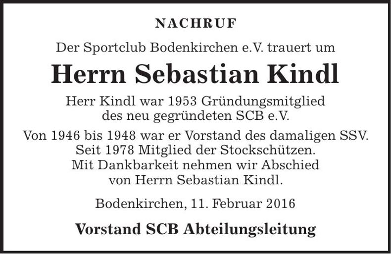 Traueranzeige Sebastian Kindl