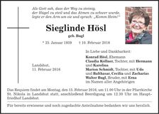 Traueranzeige Siegliinde Hösl