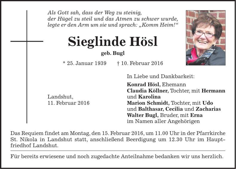 Traueranzeige Siegliinde Hösl