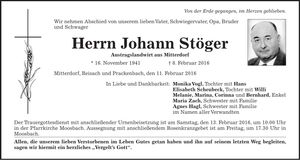 Traueranzeige Johann Stöger