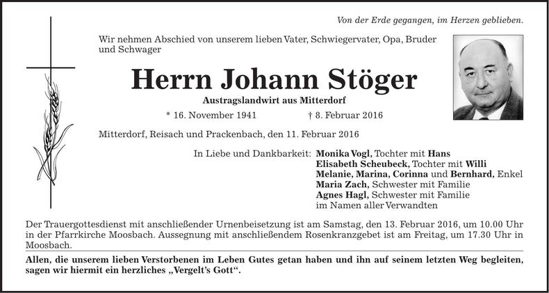 Traueranzeige Johann Stöger