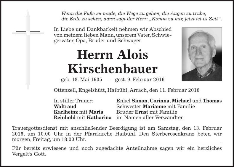 Traueranzeige Alois Kirschenbauer