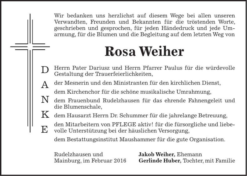Traueranzeige Rosa Huber