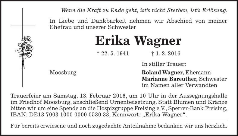Traueranzeige Erika Wagner