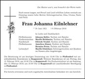 Traueranzeige Johanna Eilnlehner