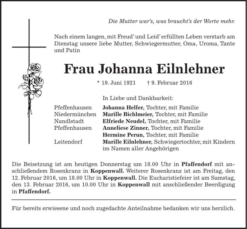 Traueranzeige Johanna Eilnlehner