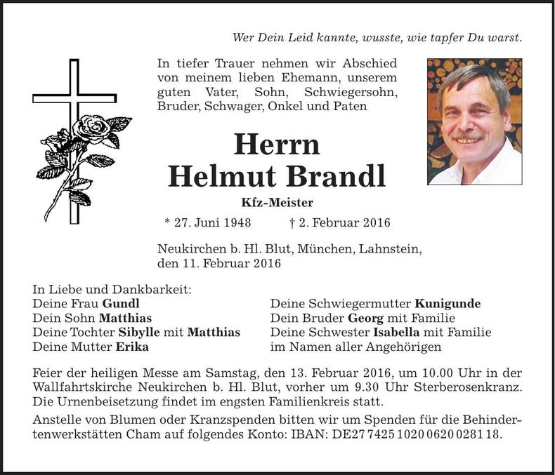 Traueranzeige Helmut Brandl