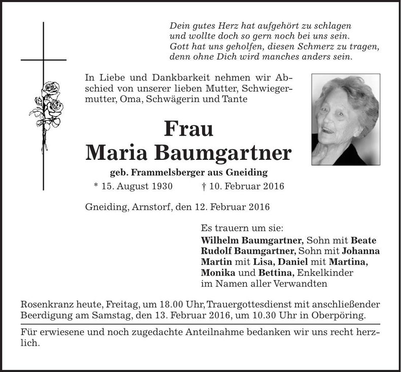 Traueranzeige Maria Baumgartner